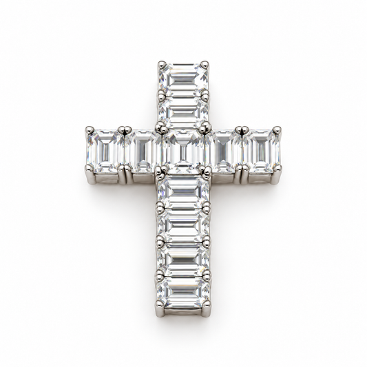 14K White Gold 6.48 CTW Emerald-Cut Lab-Grown Diamond Cross Pendant