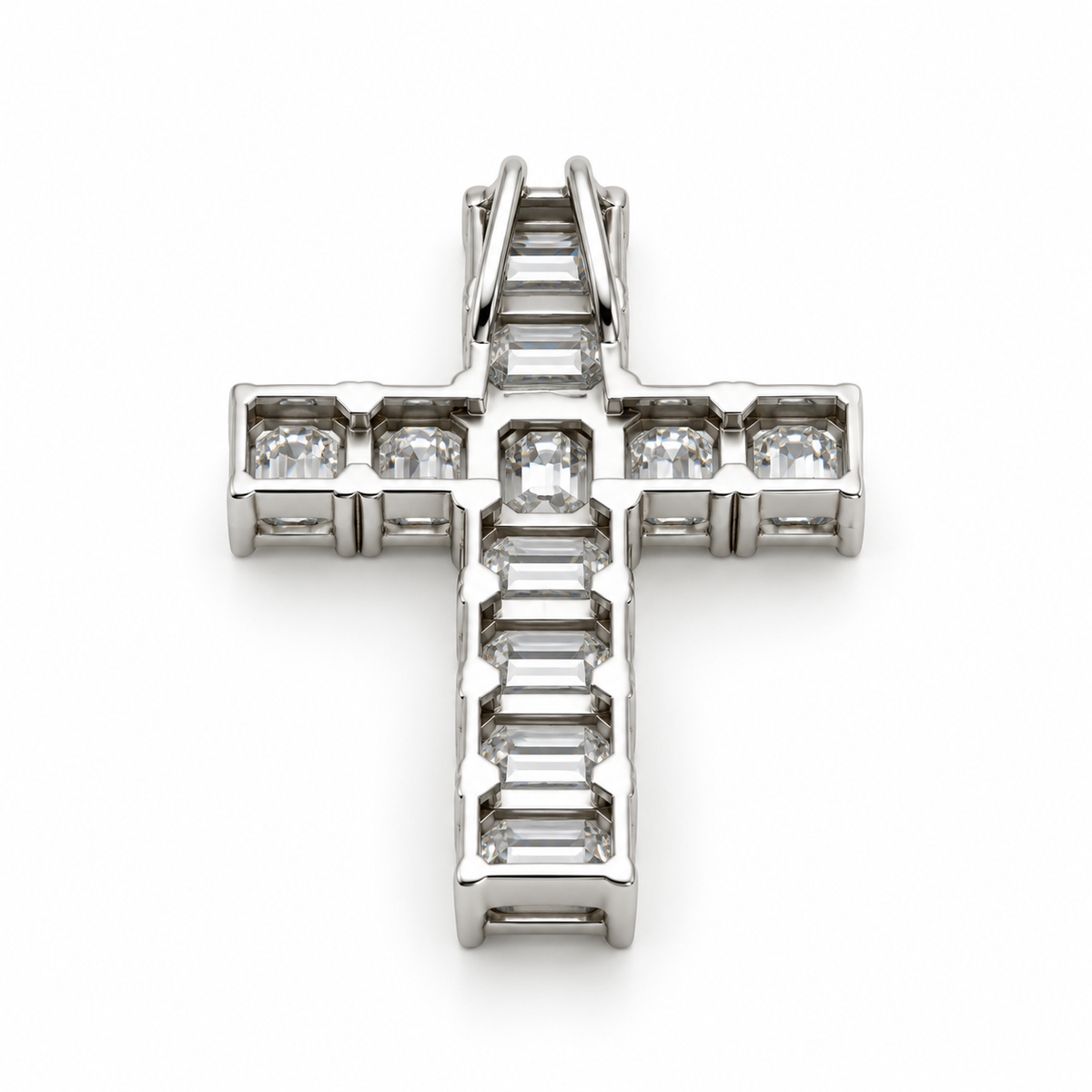 14K White Gold 6.48 CTW Emerald-Cut Lab-Grown Diamond Cross Pendant