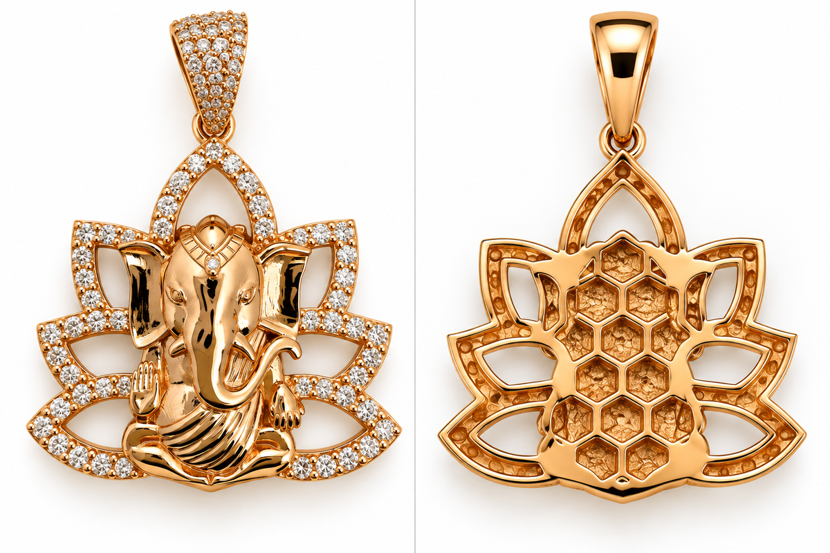 14K Gold 1.12 CTW Diamond Ganesha Lotus Pendant