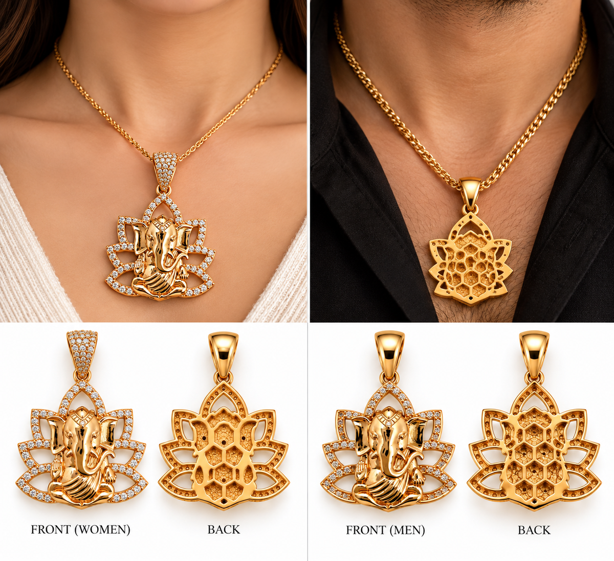 14K Gold 1.12 CTW Diamond Ganesha Lotus Pendant