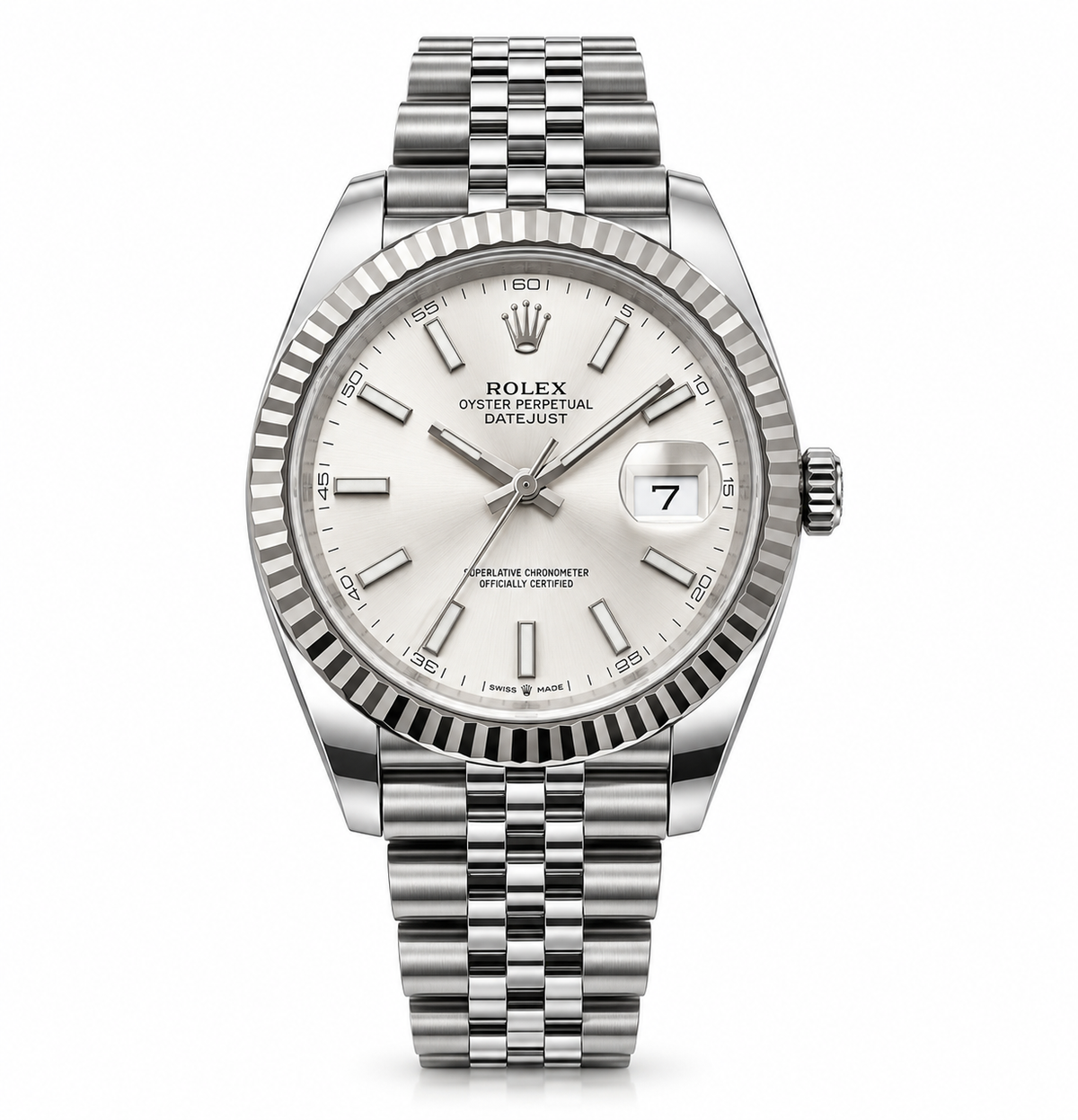Rolex Datejust – Silver Dial, Fluted Bezel & Jubilee Bracelet