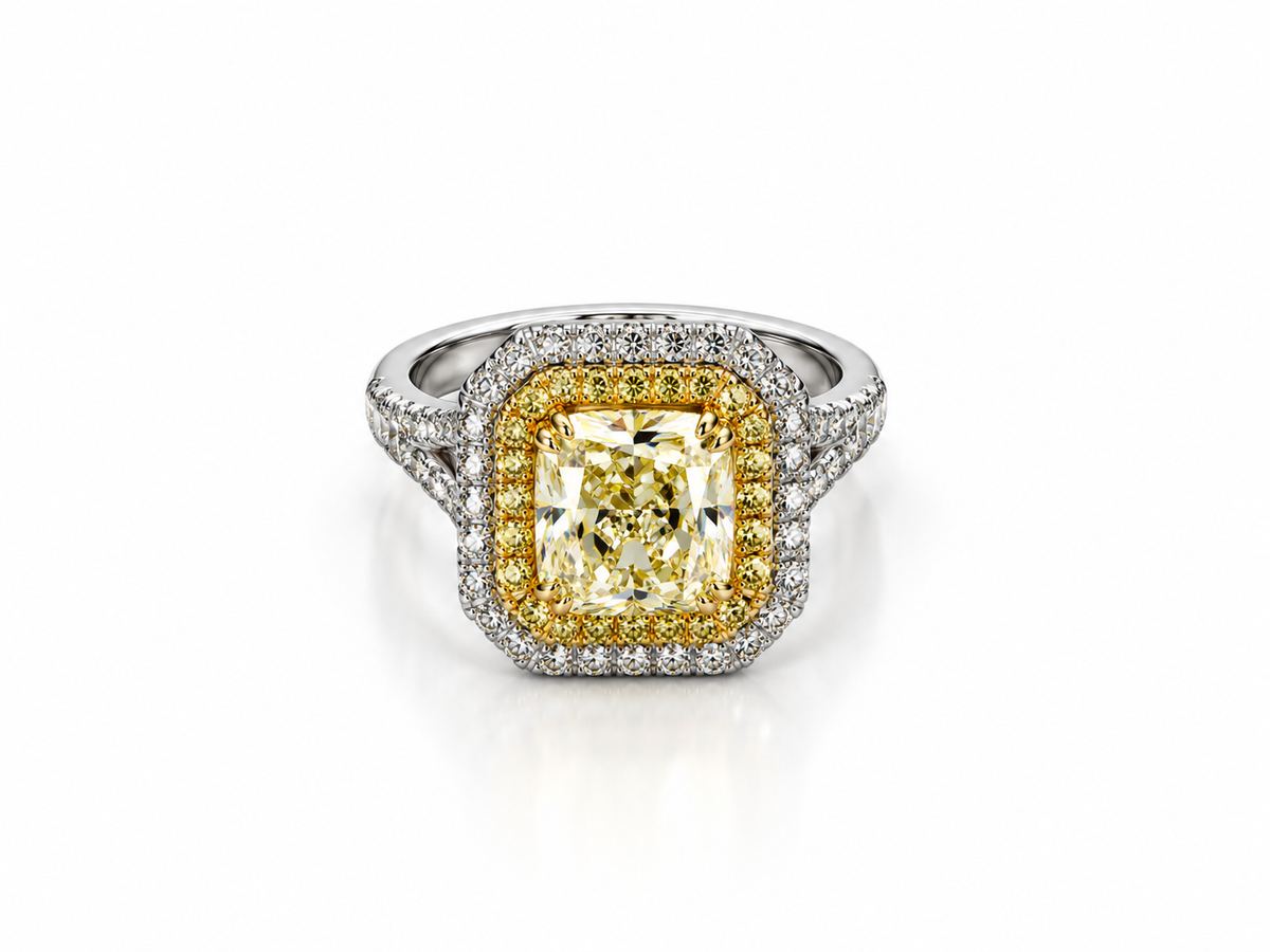 Platinum 3.00 CT Fancy Yellow Natural Radiant Cut Diamond Engagement Ring- 3.60 CTW