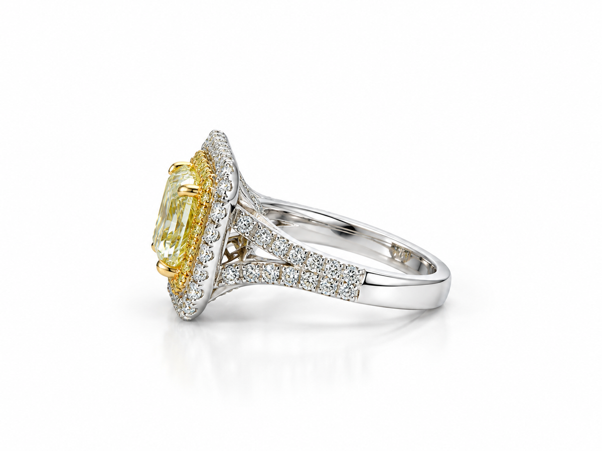 Platinum 3.00 CT Fancy Yellow Natural Radiant Cut Diamond Engagement Ring- 3.60 CTW